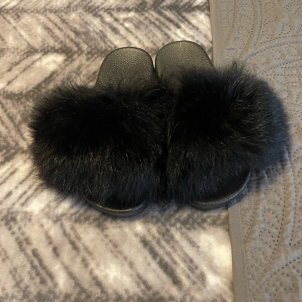 Black Furry Slide Sandals